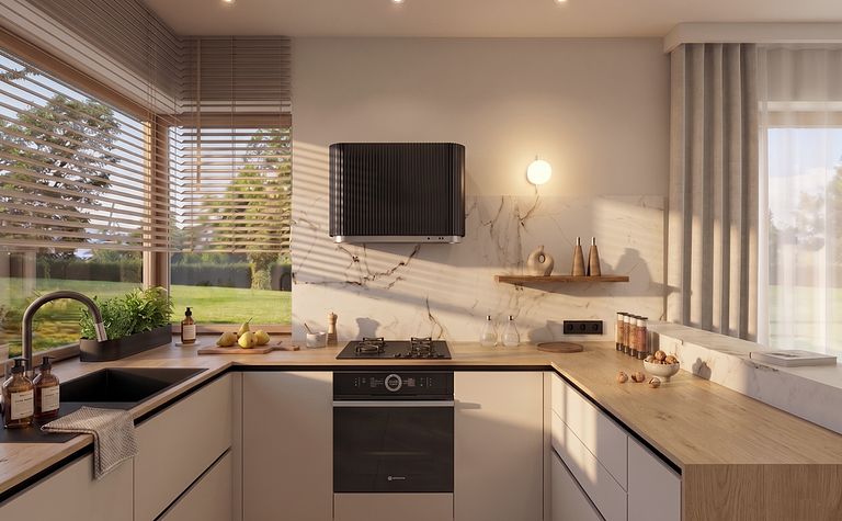 Kuchnia w stylu japandi i minimalistycznym z drewnianymi detalami.