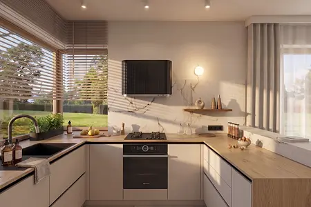 Kuchnia w stylu japandi i minimalistycznym z drewnianymi detalami.