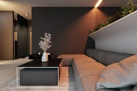 Wnętrze salonu w stylu eklektycznym, minimalistycznym i soft minimalizm z szarymi ścianami.