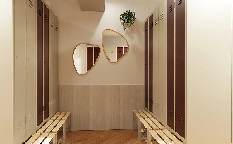 Garderoba w stylu industrialnym z minimalistycznymi szafkami i skandynawskimi lustrami.