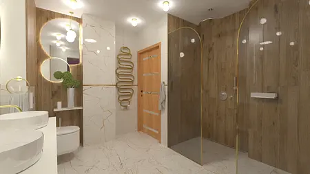 Nowoczesna łazienka z drewnianymi i złotymi detalami, styl glamour, quiet luxury, współczesny.