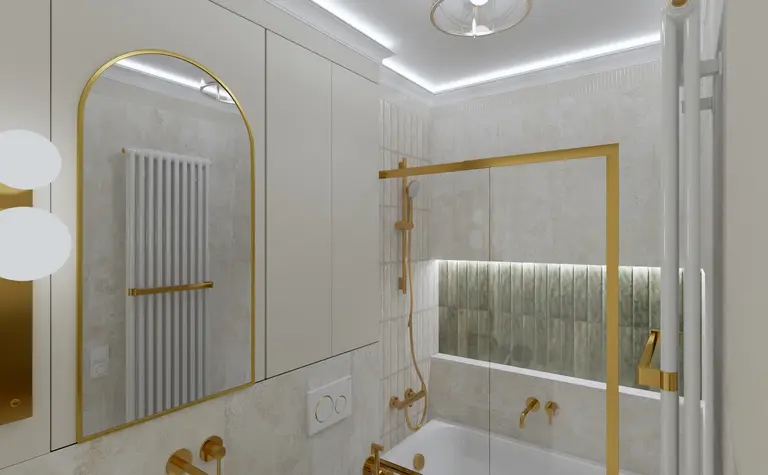 Nowoczesna łazienka w stylu boho i vintage z złotymi detalami