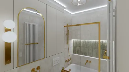Nowoczesna łazienka w stylu boho i vintage z złotymi detalami