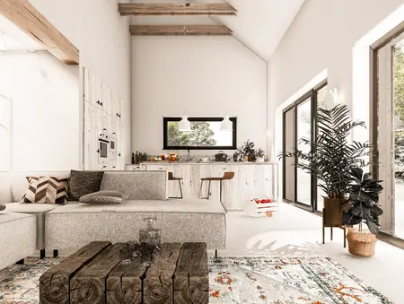 Nowoczesne wnętrze salonu z boho akcentami, szarymi meblami i drewnianymi detalami.