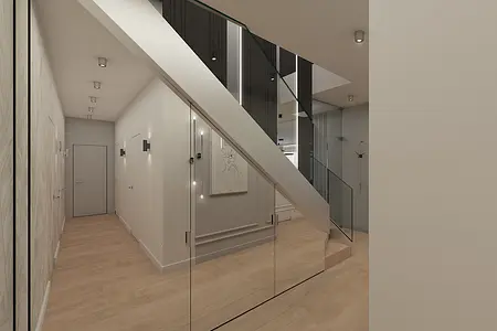 Nowoczesny przedpokój z drewnianą podłogą i minimalistycznymi detalami w stylu glamour.