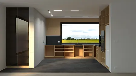 Minimalistyczna kuchnia z drewnianymi meblami, czarnym blatem i dużym oknem.