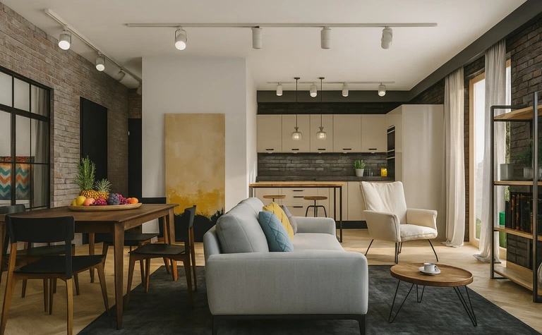 Wnętrze salonu z industrialnym i minimalistycznym stylem, szary dywan, drewniany stół.