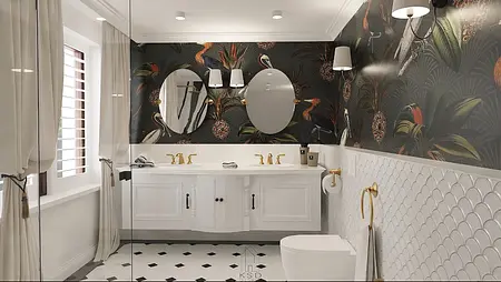 Nowoczesna łazienka z białą armaturą i kolorową tapetą w stylu quiet luxury.