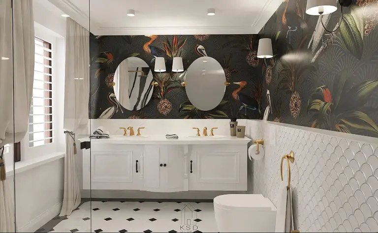 Nowoczesna łazienka z białą armaturą i kolorową tapetą w stylu quiet luxury.