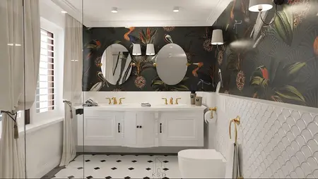 Nowoczesna łazienka z białą armaturą i kolorową tapetą w stylu quiet luxury.