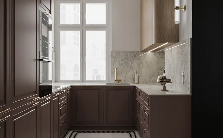 Kuchnia w stylu eklektycznym i vintage z brązowymi meblami i marmurowym blatem.