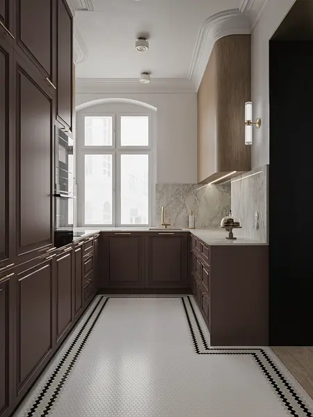 Kuchnia w stylu eklektycznym i vintage z brązowymi meblami i marmurowym blatem.