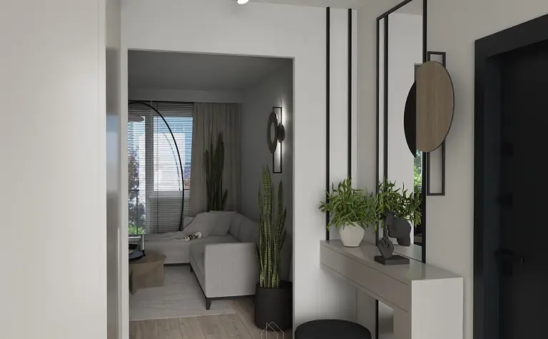 Przedpokój z nowoczesnym umeblowaniem i roślinami w doniczkach.
