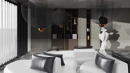 Wnętrze salonu z nowoczesnymi meblami, quiet luxury i współczesnymi dodatkami.