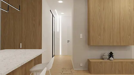 Minimalistyczne wnętrze w stylu japandi z drewnianymi meblami i nowoczesnym oświetleniem.