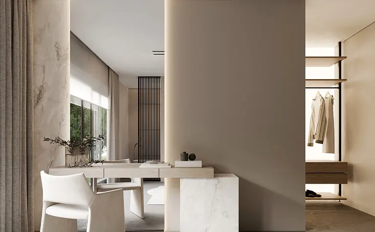Wnętrze w stylu japandi z jasnymi meblami i minimalistycznym biurkiem
