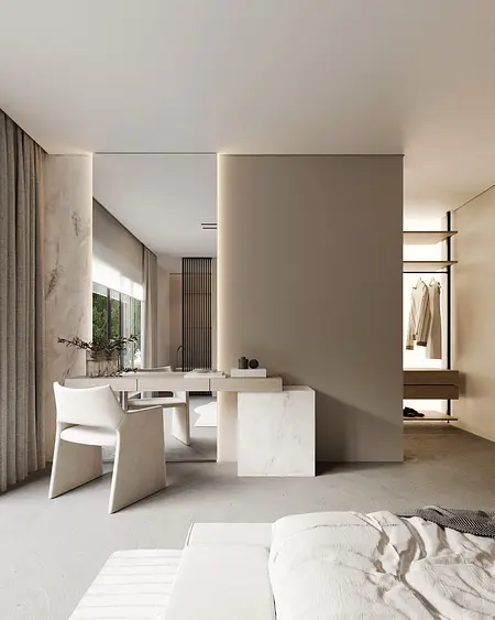 Wnętrze w stylu japandi z jasnymi meblami i minimalistycznym biurkiem