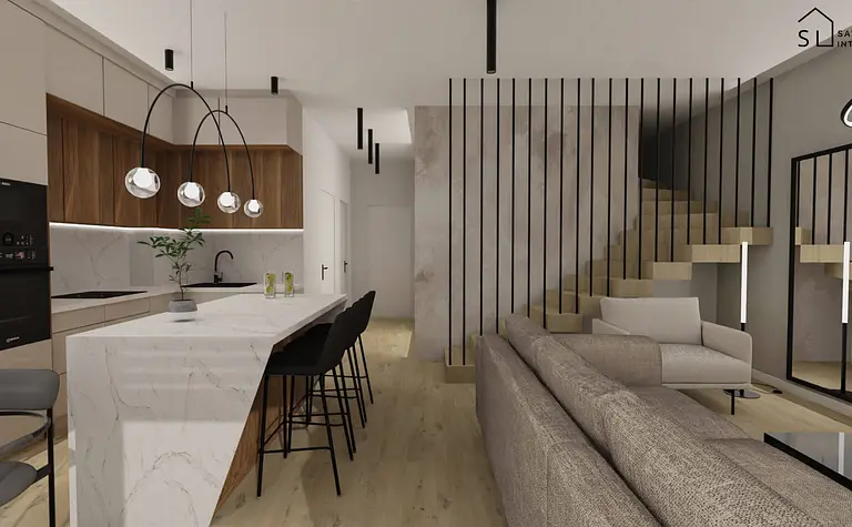 Wnętrze kuchni z minimalistycznym designem, drewniane meble i biały blat.