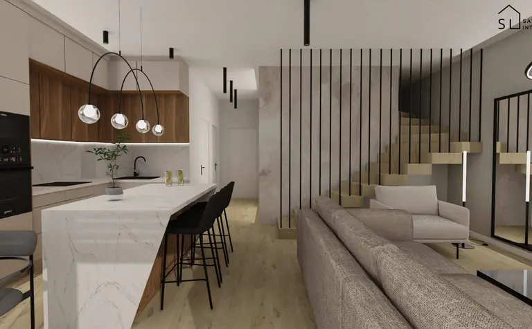 Wnętrze kuchni z minimalistycznym designem, drewniane meble i biały blat.