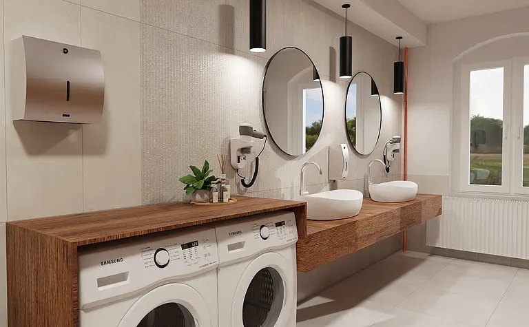 Nowoczesna łazienka w stylu industrialnym i minimalistycznym z drewnianymi akcentami.