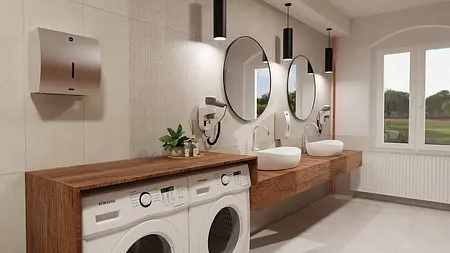 Nowoczesna łazienka w stylu industrialnym i minimalistycznym z drewnianymi akcentami.