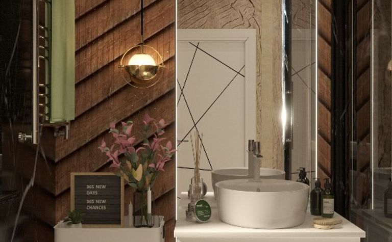 Nowoczesna łazienka z drewnianymi ścianami i białą umywalką w stylu quiet luxury.