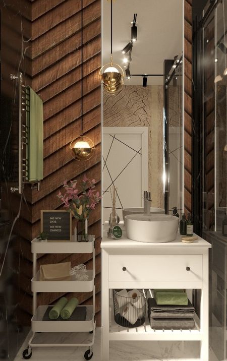 Nowoczesna łazienka z drewnianymi ścianami i białą umywalką w stylu quiet luxury.