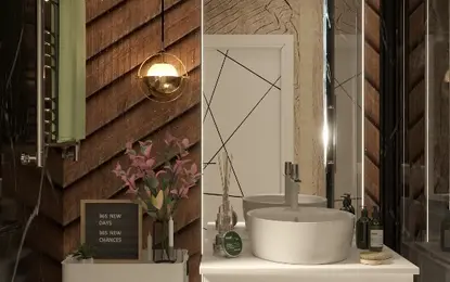 Nowoczesna łazienka z drewnianymi ścianami i białą umywalką w stylu quiet luxury.