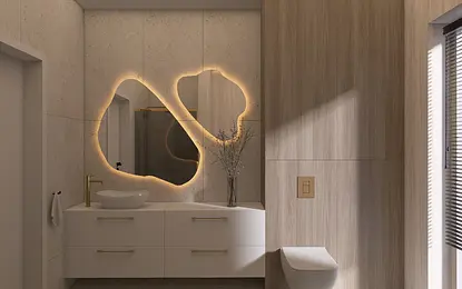 Nowoczesna łazienka z boho i skandynawskim stylem, z drewnianymi akcentami.