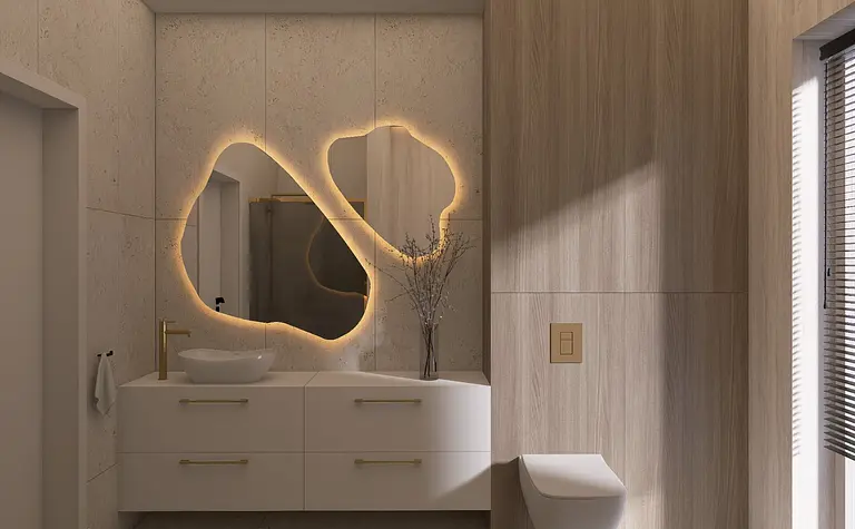 Nowoczesna łazienka z boho i skandynawskim stylem, z drewnianymi akcentami.