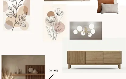 Wnętrze salonu w stylu boho i skandynawskim z beżową sofą i drewnianymi meblami.