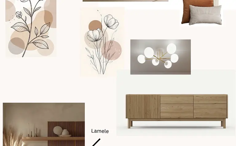 Wnętrze salonu w stylu boho i skandynawskim z beżową sofą i drewnianymi meblami.