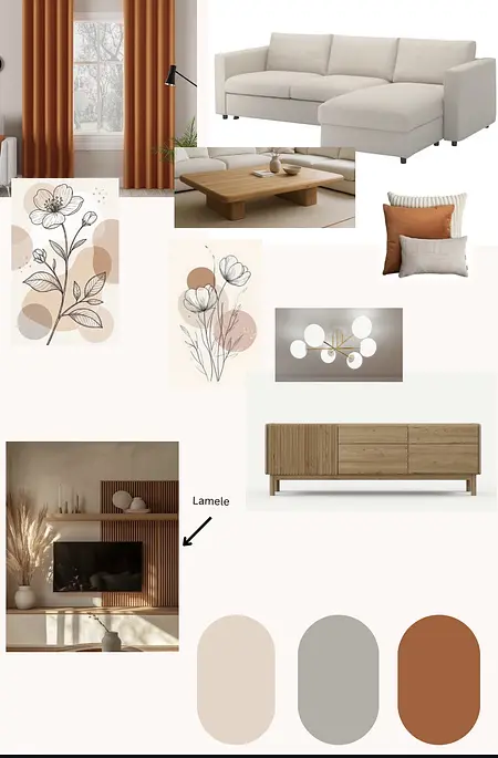 Wnętrze salonu w stylu boho i skandynawskim z beżową sofą i drewnianymi meblami.