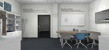 Wnętrze gabinetu z białym biurkiem i szarymi krzesłami w stylu minimalistycznym