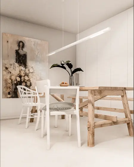 Wnętrze jadalni w stylu boho, skandynawskim i nowoczesnym z białymi meblami.