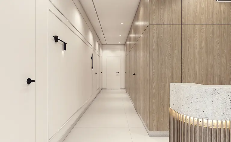 Przedpokój minimalistyczny z białymi ścianami i drewnianymi detalami, nowoczesny design.