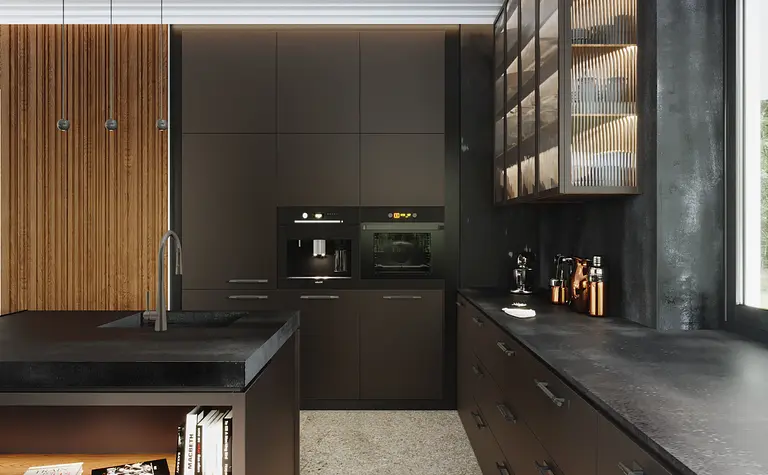 Nowoczesna kuchnia z elementami minimaluxe i quiet luxury, drewniane akcenty.