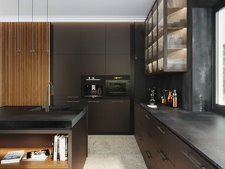 Nowoczesna kuchnia z elementami minimaluxe i quiet luxury, drewniane akcenty.