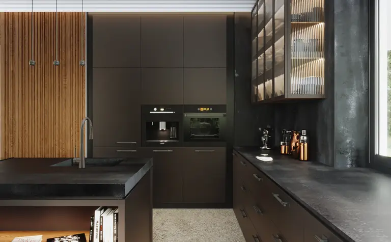 Nowoczesna kuchnia z elementami minimaluxe i quiet luxury, drewniane akcenty.