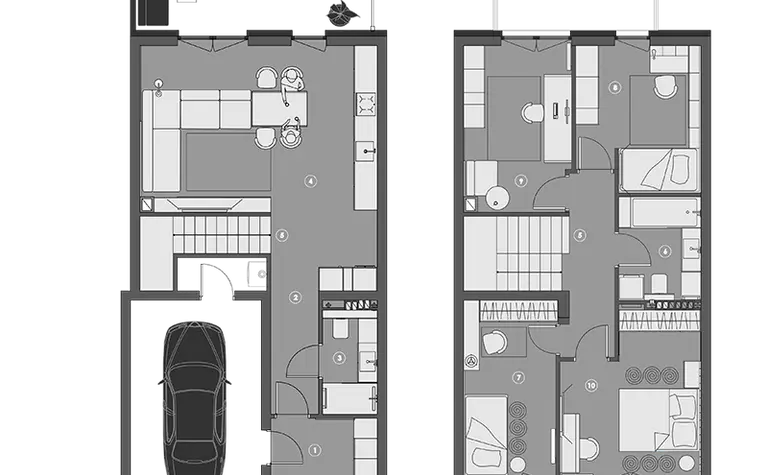 Plan mieszkania w stylu eklektycznym i minimalistycznym z pokojami, łazienkami oraz garażem.