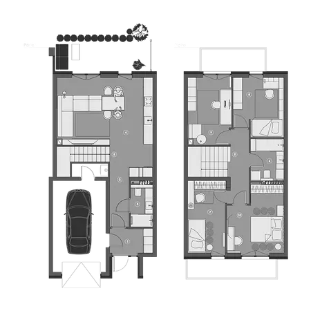 Plan mieszkania w stylu eklektycznym i minimalistycznym z pokojami, łazienkami oraz garażem.