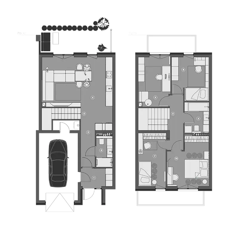 Plan mieszkania w stylu eklektycznym i minimalistycznym z pokojami, łazienkami oraz garażem.