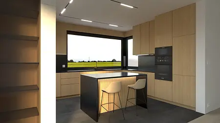 Nowoczesna kuchnia z dużym oknem, wyspą kuchenną z podświetleniem i frontami z jasnego drewna. Czarne akcenty, w tym blat i sprzęty AGD, nadają elegancji.