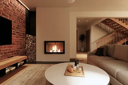 Wnętrze salonu w stylu eklektycznym z kominkiem, cegłą i drewnem.