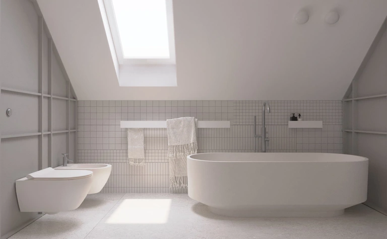 Nowoczesna łazienka z wanną, szarymi kafelkami i akcesoriami w stylu dopamine decor, eklektyczny oraz współczesny.