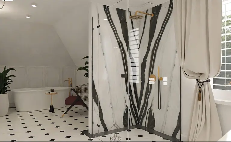 Nowoczesna łazienka z wanną, prysznicem i stylowymi akcentami quiet luxury