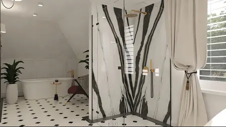 Nowoczesna łazienka z wanną, prysznicem i stylowymi akcentami quiet luxury