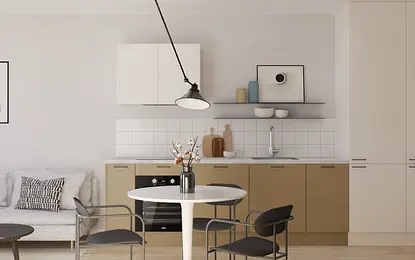 Jasna kuchnia w stylu japandi z minimalistycznym wystrojem.