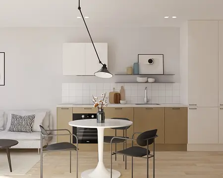 Jasna kuchnia w stylu japandi z minimalistycznym wystrojem.
