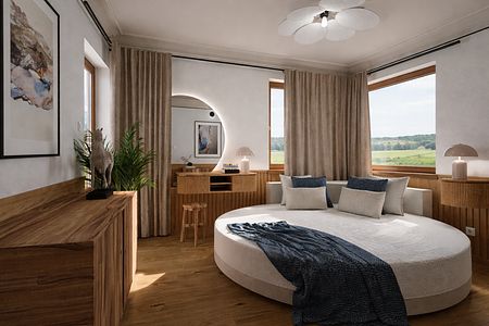 Wnętrze sypialni w stylu eklektycznym, japandi i rustykalnym z okrągłym łóżkiem.